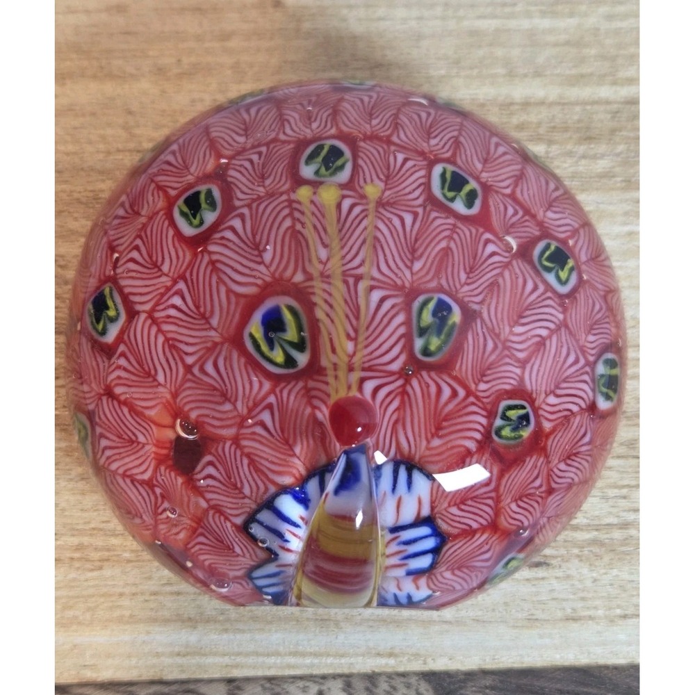 Vintage Red Millefiori Style Art‎ Glass Peacock Paperweight